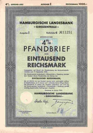 Germany German Hamburg 1943 Anleihe 1000 Mark Bond photo