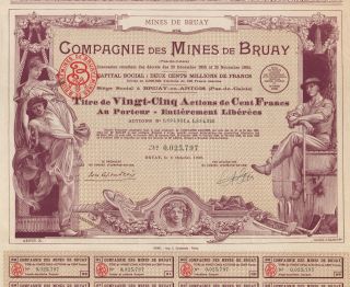 France Mines Of Bruay Stock Certificate Rose 100 Francs (25sh) photo