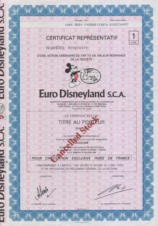 France Euro Disneyland Stock Certificate Mickey Mouse photo