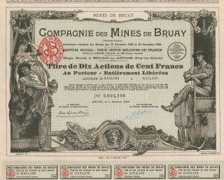 France Mines Of Bruay Stock Certificate Green 100 Francs (10sh) photo