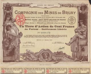 France Mines Of Bruay Stock Certificate Brown 100 Francs photo