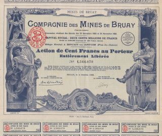 France Mines Of Bruay Stock Certificate Blue 100 Francs (1 Sh) photo