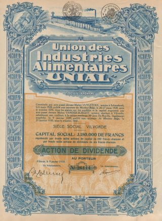 Belgium Food Industry Union Stock Certificate 1930 photo