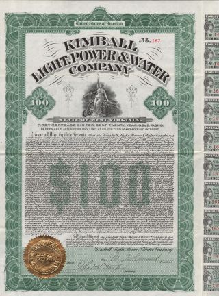 Usa Kimball Light Power & Water Stock Certificate 1912 photo