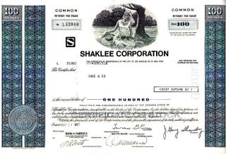 Shaklee Corporation Ca 1977stock Certificate photo