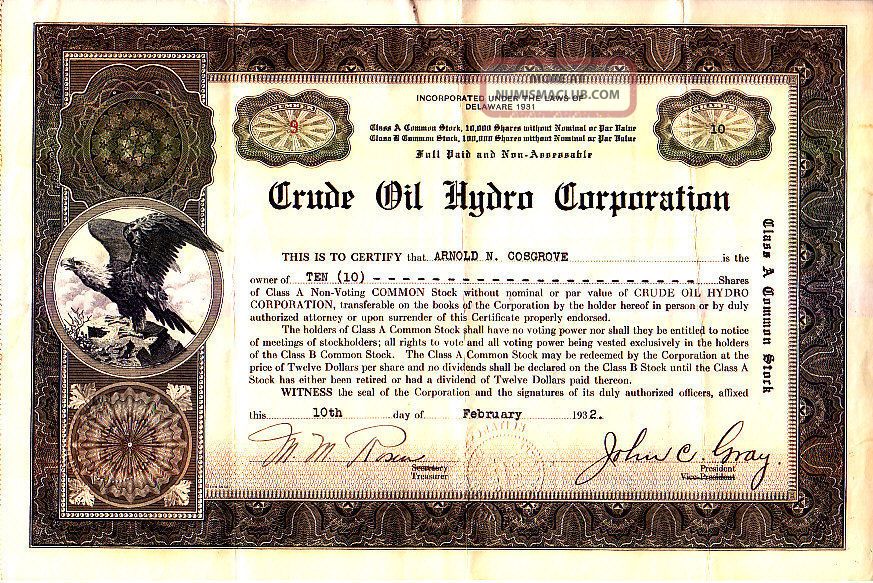 Crude Oil Hydro Corporation 1932 Stock Certificate