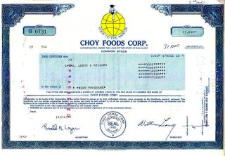 Broker Owned Stock Certificate: Spear Leeds & Kellogg,  Payee; Choy Foods,  Issuer photo
