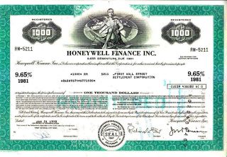 Broker Owned Stock Certificate: First Wall St Settle,  Payee; Honeywell,  Issuer photo