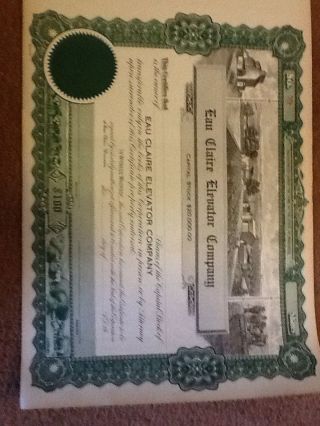 Uncirculated Eau Claire Elevator Company Stock Certificate $100 A Share photo