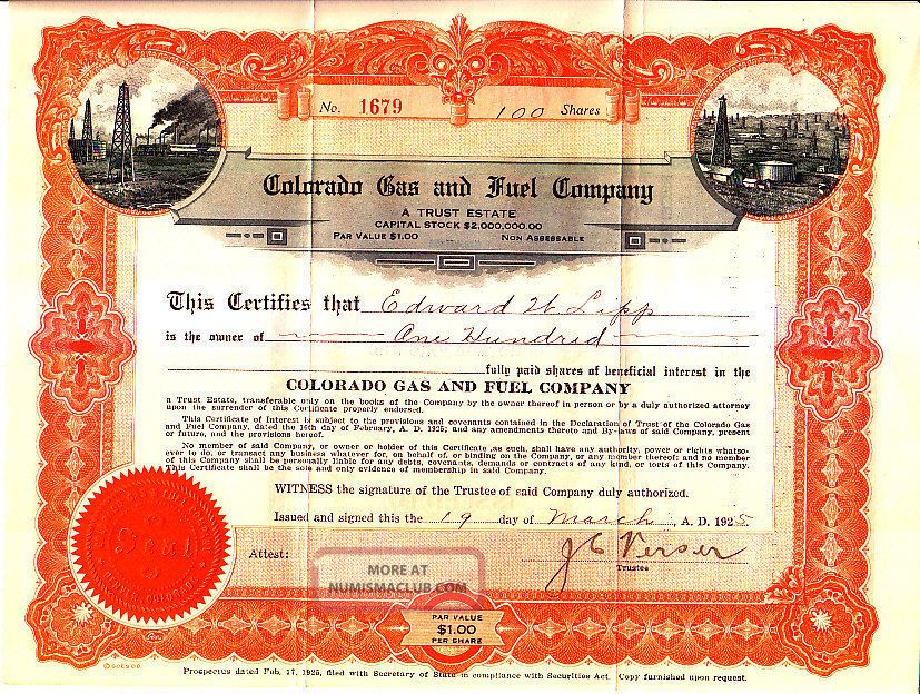 Colorado Gas And Fuel Company Co 1925 Stock Certificate