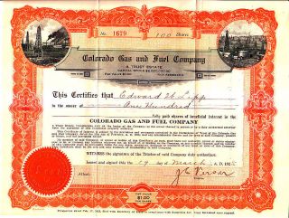 Colorado Gas And Fuel Company Co 1925 Stock Certificate photo