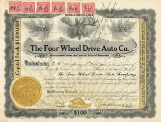 Usa The Four Wheel Drive Auto Company Stock Certificate 1917 photo