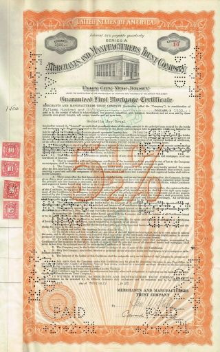 Usa Merchants & Manufacturers Trust Company Stock Certificate 1928 Union City photo