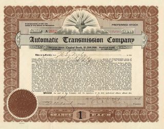 Usa Automatic Transmission Company Stock Certificate 1918 photo