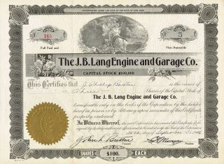 Usa Jb Lang Engine & Garage Company Stock Certificate photo