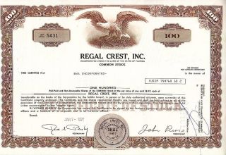 Regal Crest Inc.  Fl 1971 Stock Certificate photo