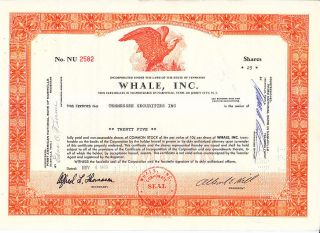 Whale,  Inc Tn 1969 Stock Certificate photo
