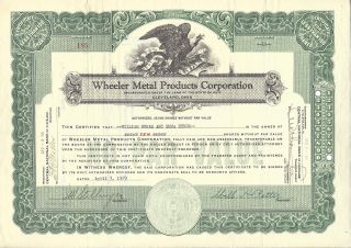 Wheeler Metal Products Corporation.  (cleveland,  Oh). . .  1929 Stock Certificate photo