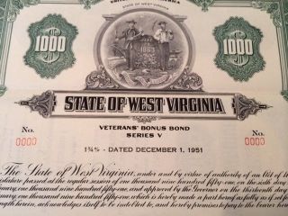 1951 West Virginia Specimen Veterans Bonus Bond W/ Redemption Coupons photo