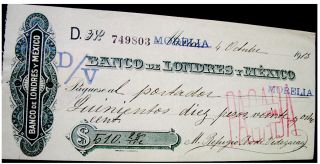 Mexico Mexican Uk 1913 Banco Londres Y Mexico 510 Pesos Check Bill photo