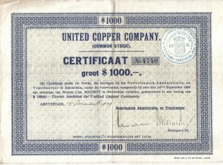 Netherlands Holland Usa Bond 1909 United Copper Company $1000 Coup Uncancelled photo