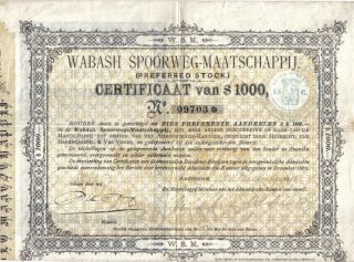 Netherlands Holland Usa Bond 1911 Wabash Railway Company $1000 Coup Uncancelled photo