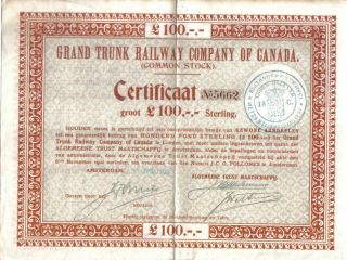 Netherlands 1909 Bond Grand Trunk Railway Co Of Canada £100 Uncancelled Coupons photo