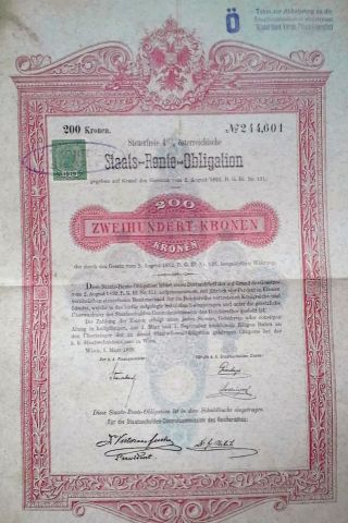 Austria Austrian 1893 Staats Rente Obligation 200 Kronen Bond Loan photo