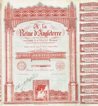 France A La Reine D ' Angleterre Stock Certificate 1924 photo