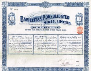 Argentina Capillitas Consolidated Mining Company Stock Certificate 1909 1 Sh photo