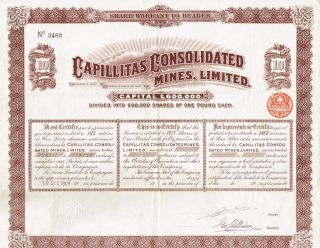 Argentina Capillitas Consolidated Mining Company Stock Certificate 1909 10 Sh photo