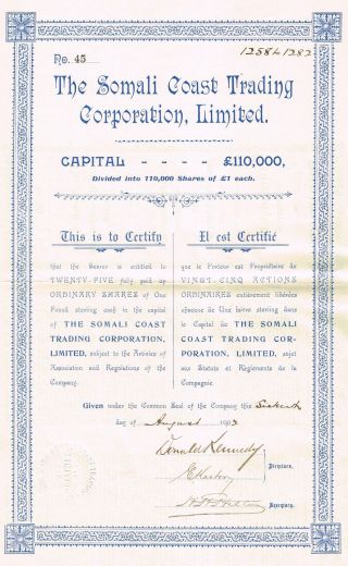 Africa Somali Coast Trading Corp Stock Certificate1902 photo