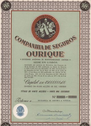 Portugal Share Companhia Seguros Ourique Insurance 20000 Escudos Look Scans photo