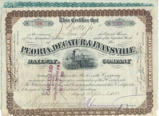 1881 Peoria Decatur & Evansville Railroad Company Stock - Two Varieties photo