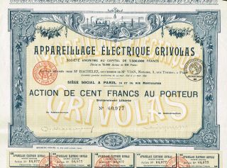 France Grivolas Electrical Equipment Company Stock Certificate 1896 photo