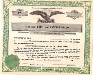 Unissued/uncanceled Old Stock Certificate Mayhew Farm & Ranch Ltd photo