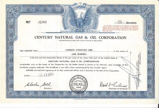 Century Natural Gas & Oil Corporation. . . . .  1955 Stock Certificate photo