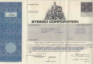 Steego Corporation (located Fl) 1986 Stock Certificate photo