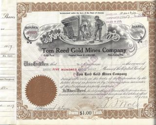 Tom Reed Gold Mines Company (arizona). . . . .  1919 Stock Certificate photo