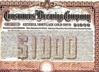 Consumers Brewing Company Pa ' 03 Stock Bond Certificate photo
