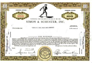 Simon & Schuster,  Inc.  Ny 1968 Stock Certificate photo