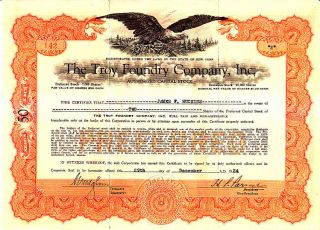 Troy Foundry Company Ny 1924 Stock Certificate photo