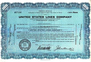 United States Lines Nv 1941 Stock Certificate photo