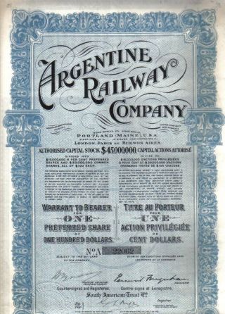 Argentina Usa 6% Bond 1912 Argentine Railway $100 Uncancelled Deco Coup photo