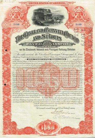 Usa Cleveland,  Cincinnati,  Chicago & St Louis Railway Bond Stock Certificate photo