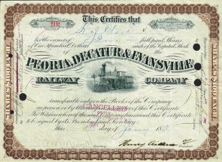 Usa Peoria,  Decatur & Evansville Railway Company Stock Certificate 1886 photo