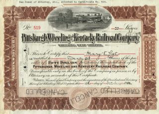 Usa Pittsburgh Wheeling & Kentucky Railroad Company Stock Certificate 1906 photo