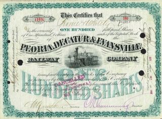 Usa Peoria,  Decatur & Evansville Railway Company Stock Certificate 1882 photo