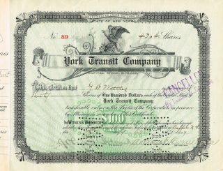 Usa York Transit Company Stock Certificate 1907 York photo