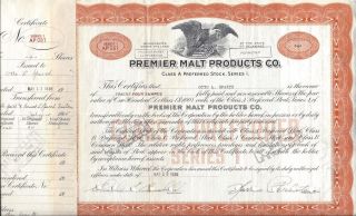 Premier Malt Products Co. . . . . . .  1938 Stock Certificate photo